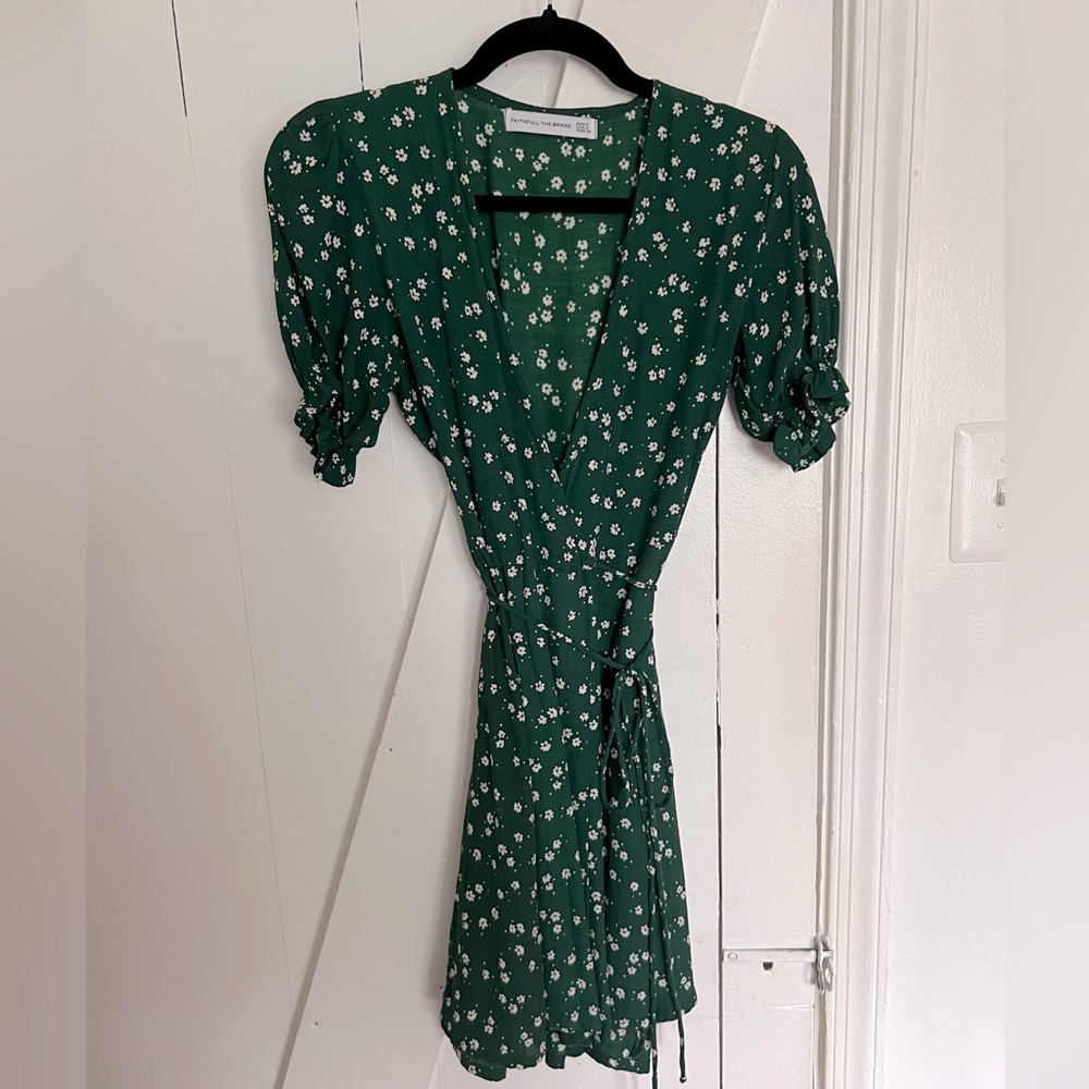 Faithfull The Brand Mira Short Sleeve emerald Green Floral Mini Wrap Dress